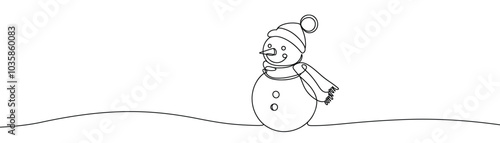 Single drawing with a continuous line on a white background. Cute snowman in a hat and scarf