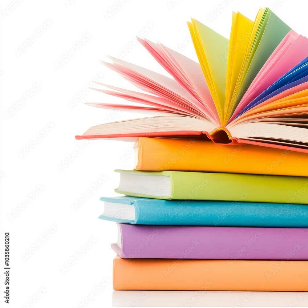 Fototapeta premium A stack of colorful books with one open, showcasing vibrant pages.