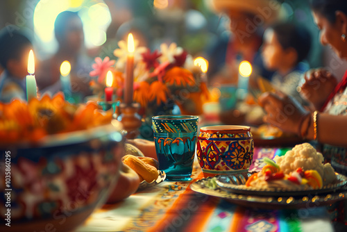 Mexican family dinner with colorful table decorations and candles