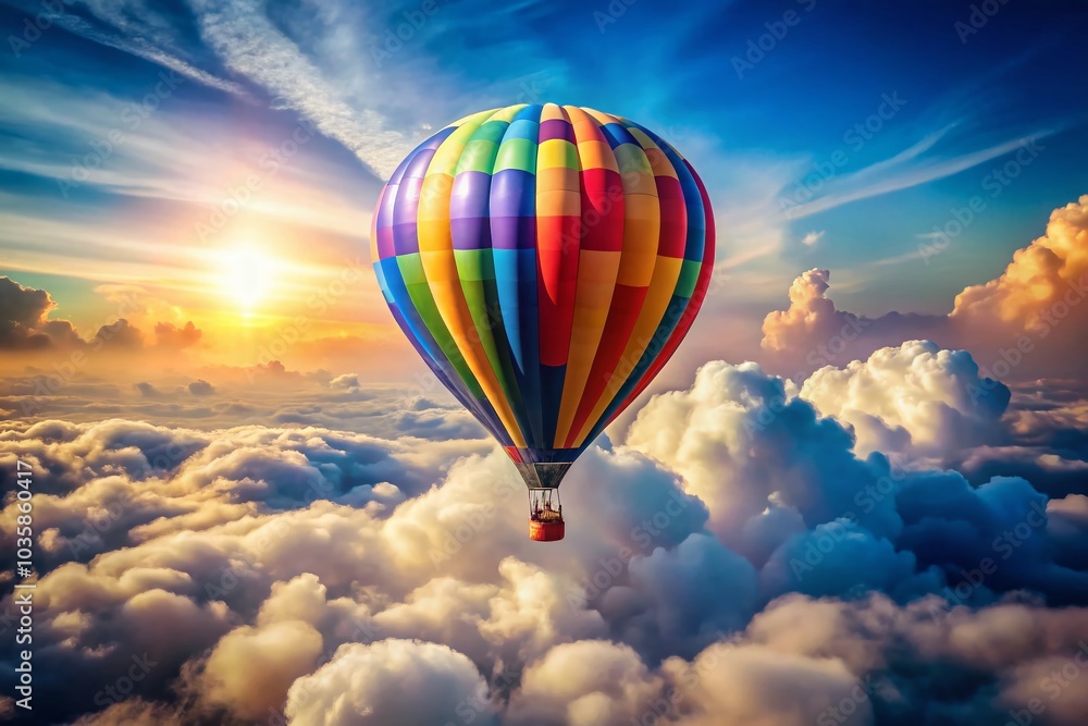 Naklejka premium Vibrant Hot Air Balloon Above Fluffy Clouds - Stunning Aerial View for Travel and Adventure Photography