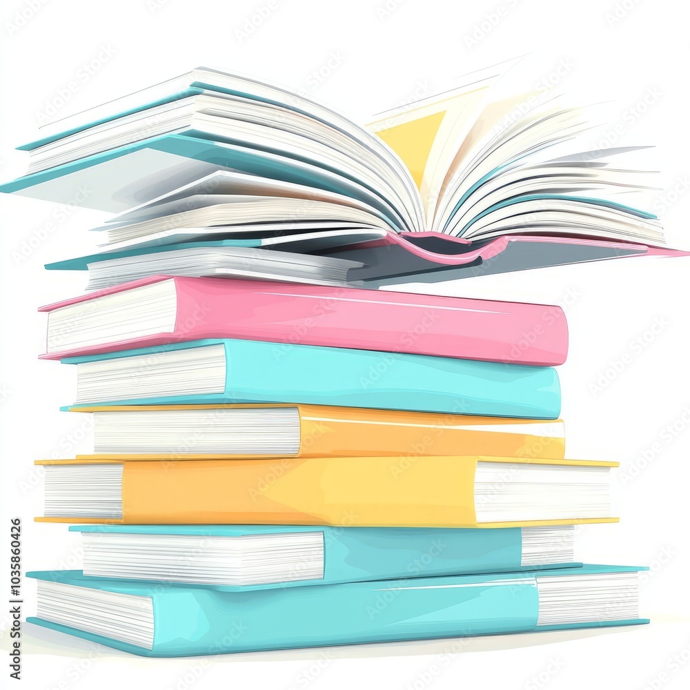 Fototapeta premium A stack of colorful books with an open book on top, symbolizing learning.
