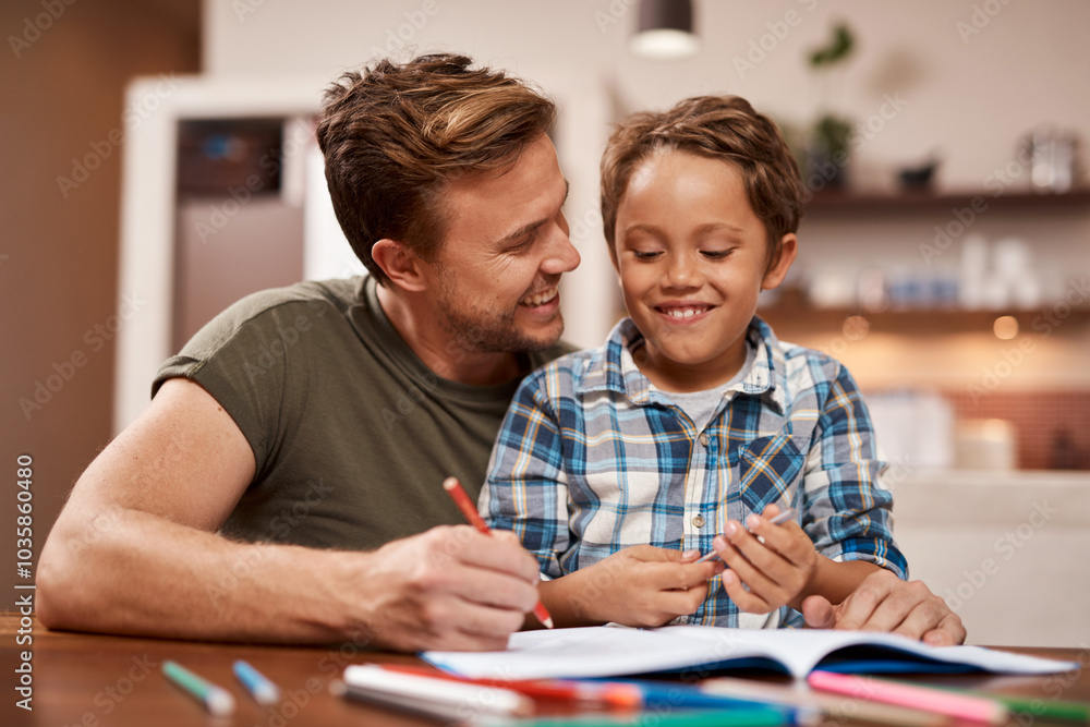 Studying, writing and father with child for knowledge, learning and creative lesson at house. Home school, notebook and happy dad teaching boy at table writing for development, homework and education Studying, writing and father with child for knowledge, learning and creative lesson at house. Home school, notebook and happy dad teaching boy at table writing for development, homework and education