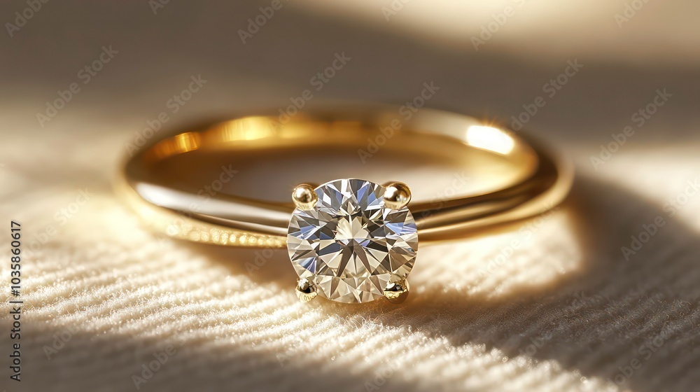 Close-up of a classic solitaire diamond engagement ring set in yellow gold, resting on a soft white fabric background. Close-up of a classic solitaire diamond engagement ring set in yellow gold, resting on a soft white fabric background.