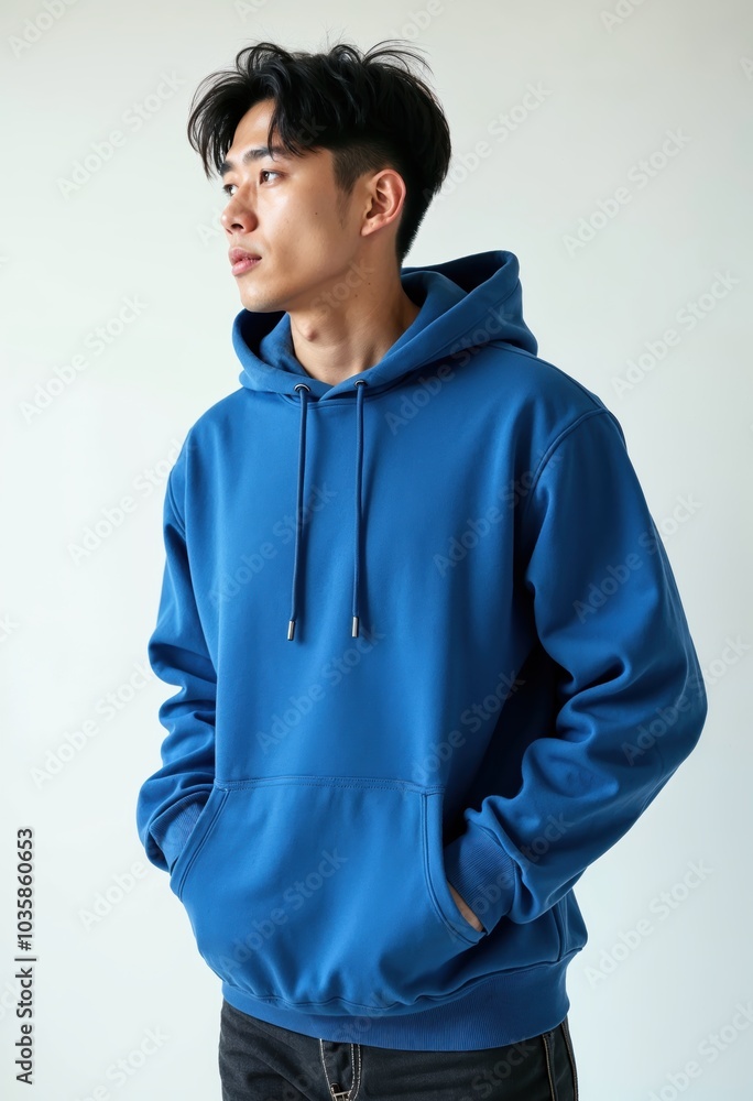 Portrait of a young korean man wearing a blue hoodie isolated on white background Portrait of a young korean man wearing a blue hoodie isolated on white background