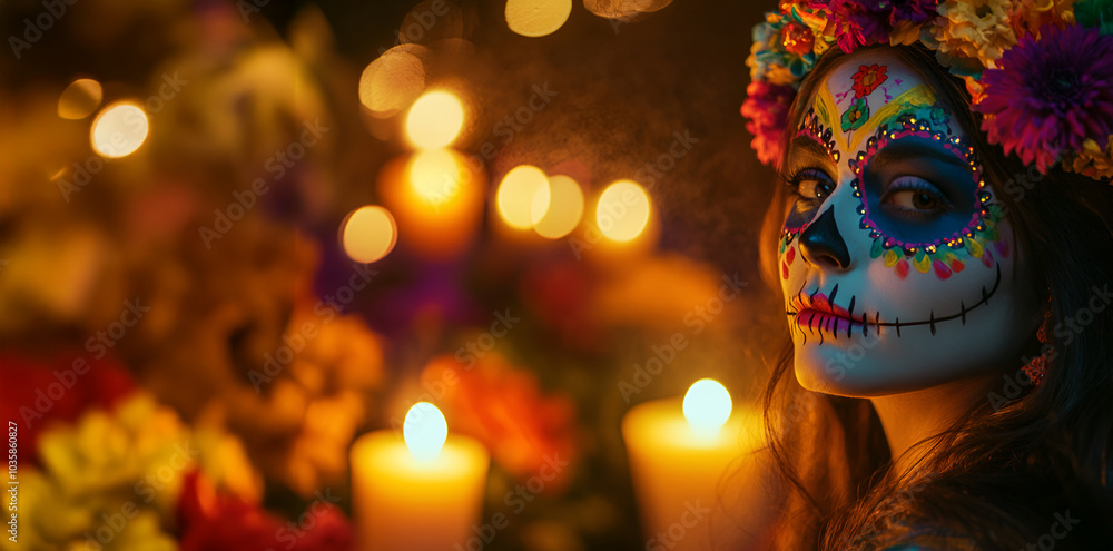 Día de los Muertos celebration with colorful face paint and marigold flowers, Day of the Dead Día de los Muertos celebration with colorful face paint and marigold flowers, Day of the Dead