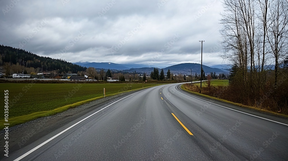 Empty asphalt road winding through a green valley with a cloudy sky and mountains in the background. Empty asphalt road winding through a green valley with a cloudy sky and mountains in the background.