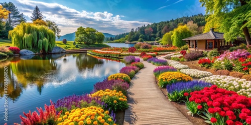 Vibrant Lakeside Garden with Colorful Flowers and Serene Lake Backdrop for Architectural Photography