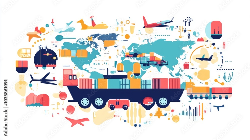 Global logistics and transportation concept with a ship, airplane, truck, train, and world map. Global logistics and transportation concept with a ship, airplane, truck, train, and world map.
