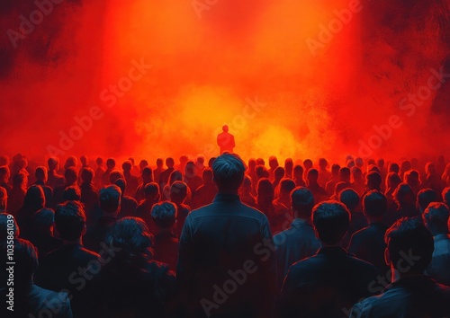 Silhouetted figure addresses a large crowd against a dramatic red backdrop.