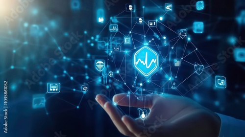 A hand holds a glowing hexagon with a line graph icon surrounded by connected data icons.