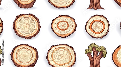Illustration of tree rings and trees in various shapes and sizes on a white background.