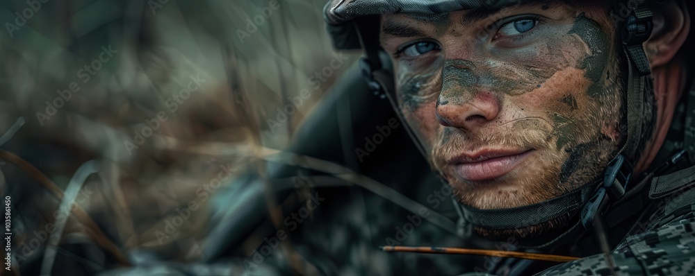 Soldier in camouflage gear, focused expression, nature background. Soldier in camouflage gear, focused expression, nature background.