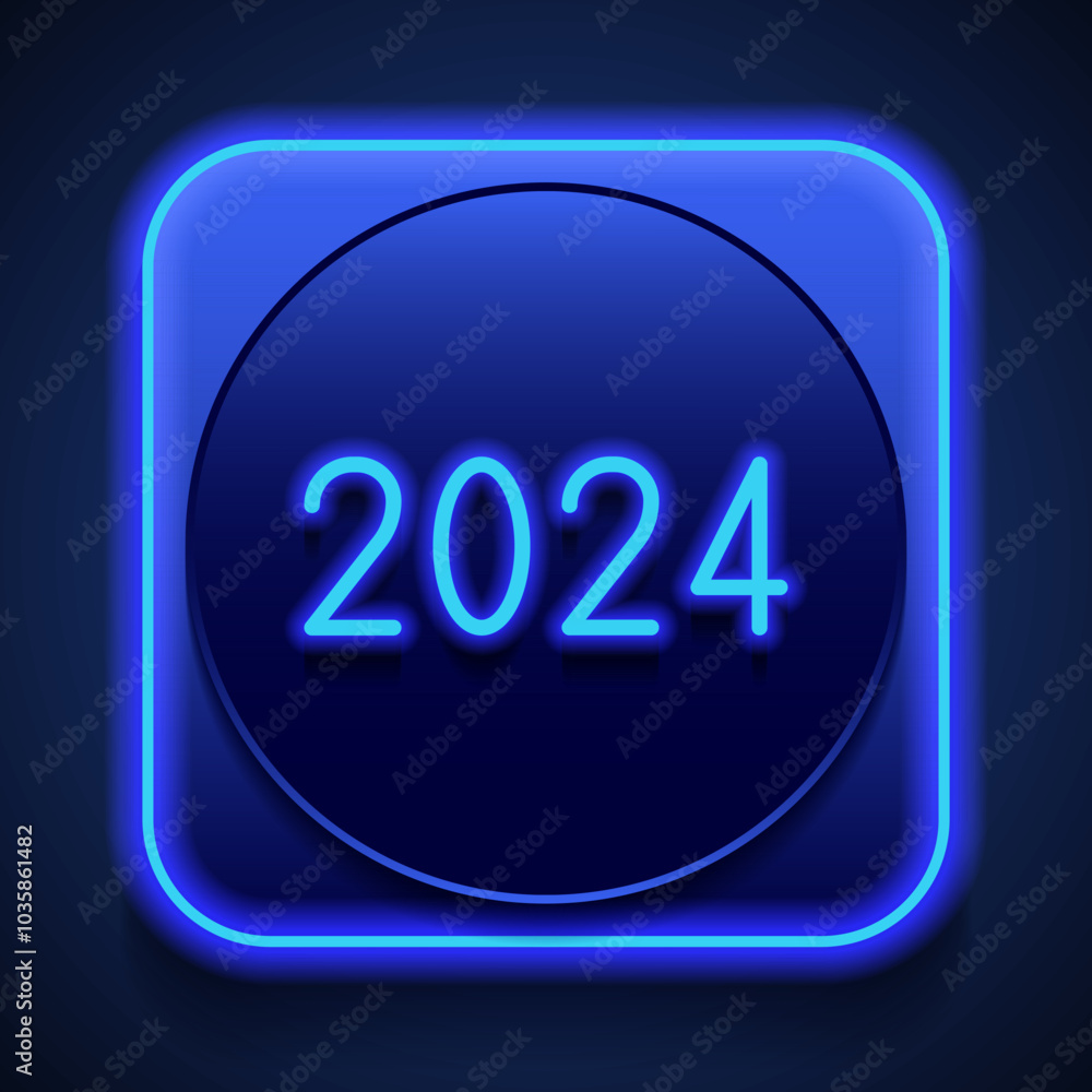 2024 simple icon vector. Flat design. Blue neon style on button. With shadow 2024 simple icon vector. Flat design. Blue neon style on button. With shadow