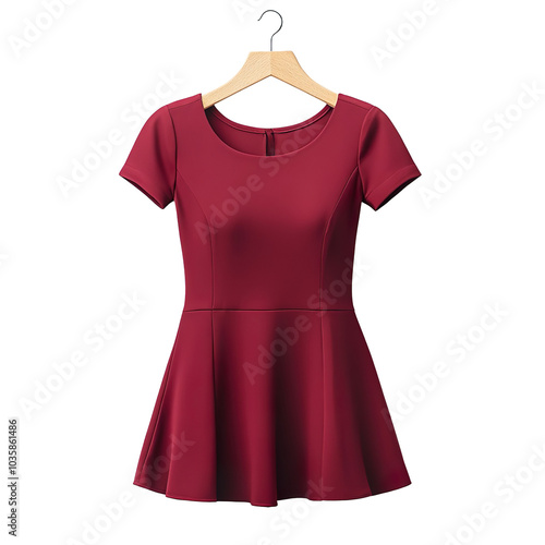 maroon women's shift dress on a wooden hanger isolated on transparent background