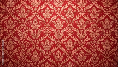 Red and gold damask pattern creating an ornate floral design for backgrounds and textures photo