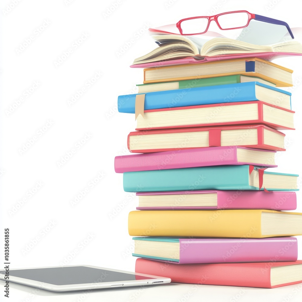 A stack of colorful books with glasses and a tablet, symbolizing learning. A stack of colorful books with glasses and a tablet, symbolizing learning.