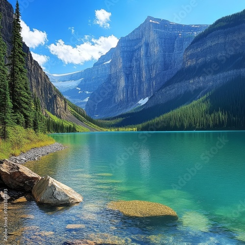 Stunning lake nestled in Banff's rocky embrace. photo