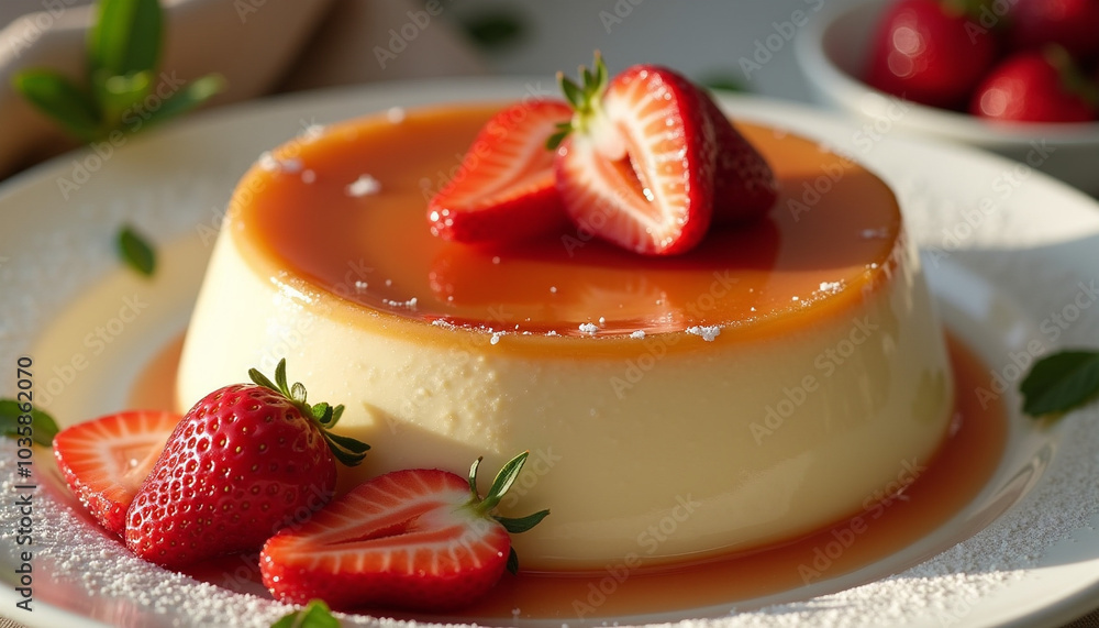 Strawberry flan with caramel and fresh strawberries Strawberry flan with caramel and fresh strawberries
