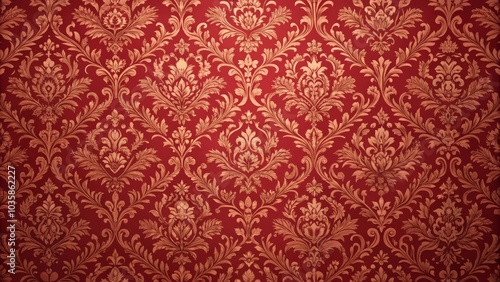 Red and gold damask pattern creating an ornate floral design for backgrounds and textures