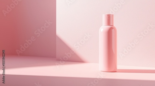 A sleek pink shampoo bottle elegantly positioned on a soft pastel shelf under gentle morning light