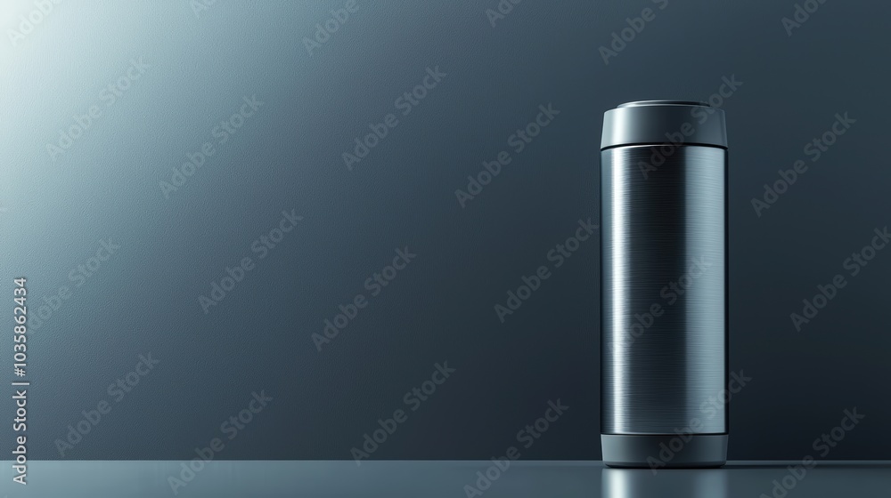 A sleek thermos stands on a smooth surface, reflecting ambient light in a minimalist setting A sleek thermos stands on a smooth surface, reflecting ambient light in a minimalist setting