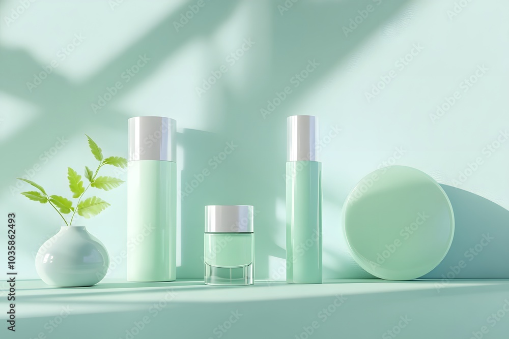 3D rendering of glossy, pastel green cosmetic products on a light blue background with shadows and highlights. The composition is simple and minimalist 3D rendering of glossy, pastel green cosmetic products on a light blue background with shadows and highlights. The composition is simple and minimalist