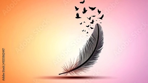 A single black feather with a flock of birds flying away from it, on a gradient background of pink and orange.