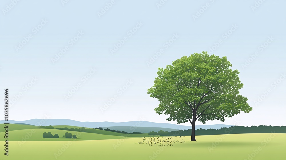 A single tree stands tall in a field against a blue sky. A single tree stands tall in a field against a blue sky.