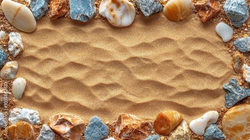 Natural sand backdrop framed by rocks and pebbles, showcasing a peaceful beach setting.