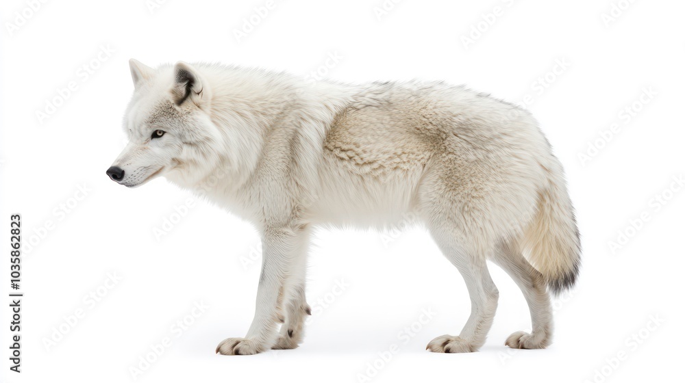 A white wolf stands on a white background looking to the side. A white wolf stands on a white background looking to the side.