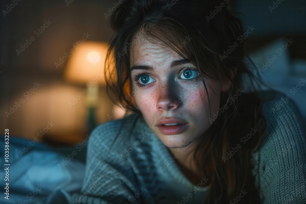 A young woman looks intently, expressing deep contemplation and emotion at night. A young woman looks intently, expressing deep contemplation and emotion at night.
