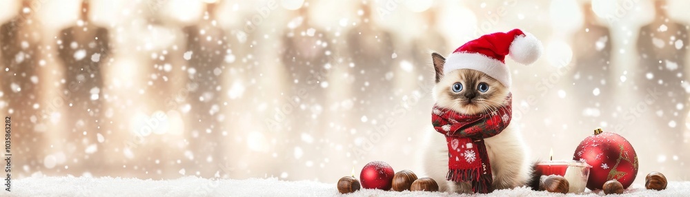 Christmas Costume Kitten with Winter Scarf and Choir: A Birman kitten wearing a festive Christmas costume and a cozy winter scarf sits quietly while a choir sings in the background Christmas Costume Kitten with Winter Scarf and Choir: A Birman kitten wearing a festive Christmas costume and a cozy winter scarf sits quietly while a choir sings in the background