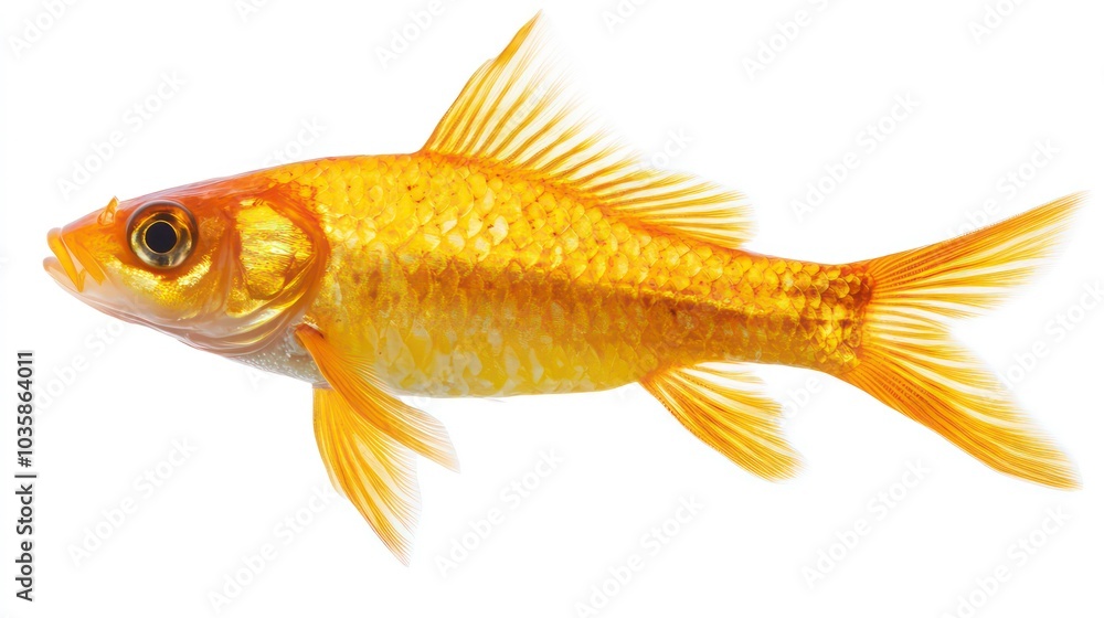 A single goldfish swimming in a white background, isolated and viewed from the side. A single goldfish swimming in a white background, isolated and viewed from the side.