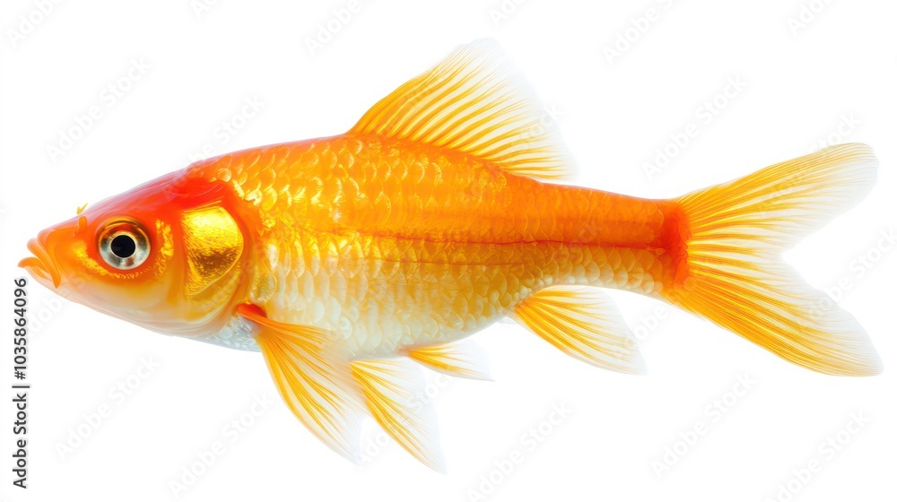 A single, bright orange goldfish with a white belly, swimming sideways, isolated on a white background. A single, bright orange goldfish with a white belly, swimming sideways, isolated on a white background.