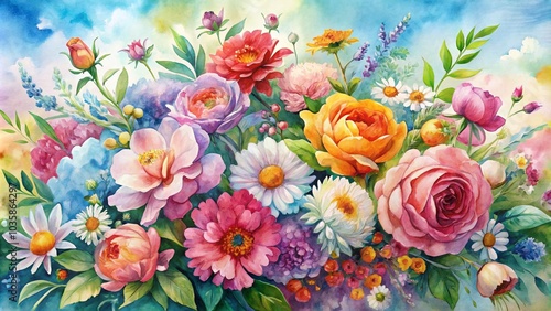 Vibrant Watercolor Floral Bouquet - Stunning Panoramic Art Print for Home Decor