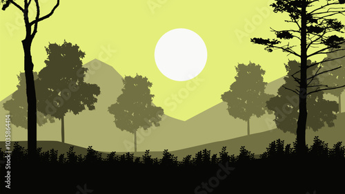 Natural Landscape with hills, Tree Silhouettes, Nature Concept