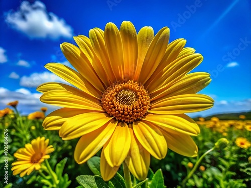 Vibrant Yellow Daisy Flower in Lush Green Field with High Dynamic Range Lighting for Nature Lovers