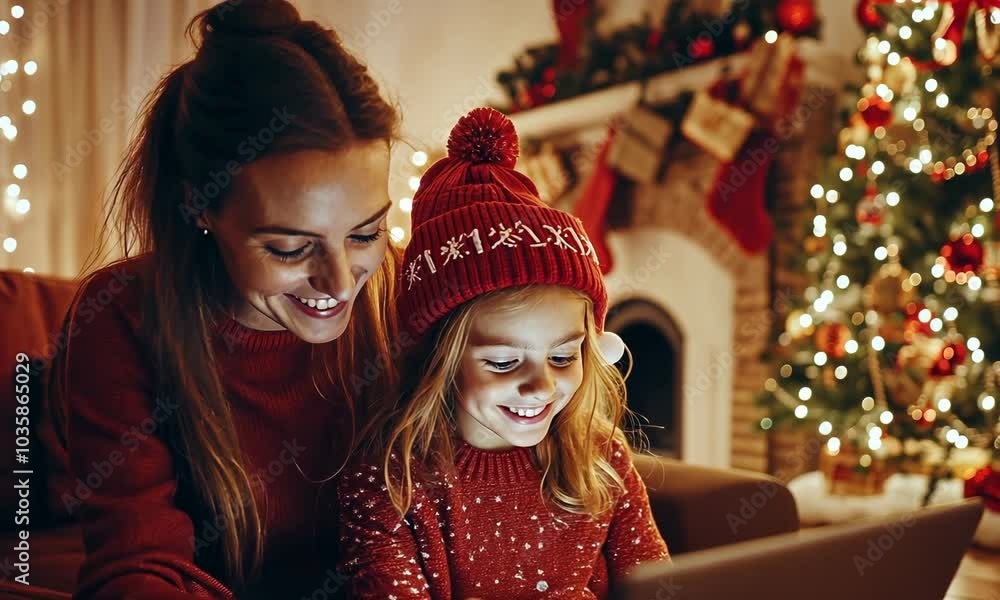 mother and daughter use a laptop and make online purchases in the Christmas interior of the house mother and daughter use a laptop and make online purchases in the Christmas interior of the house
