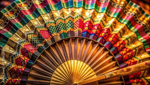 Vintage Asian Golden Fan Cover Set with Bright Colors and Geometric Stripes for Luxurious Kimono Design in Low