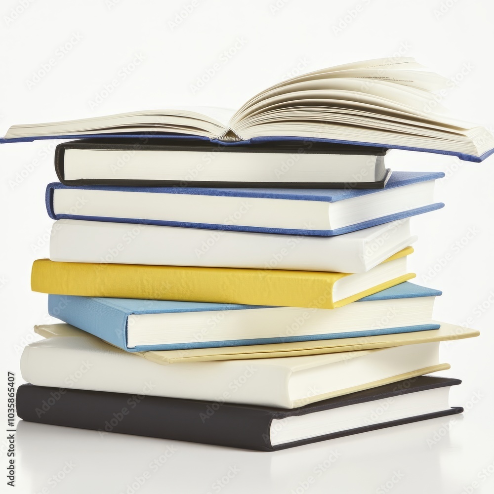 A stack of colorful notebooks and an open book, symbolizing study and creativity.