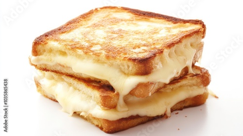 A golden brown grilled cheese sandwich with melted cheese oozing out.