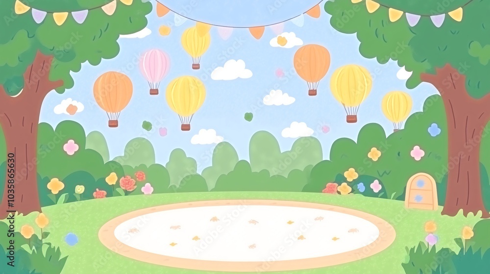 Obraz premium A whimsical illustration of a sunny day with a grassy field, two trees on either side, colorful hot air balloons floating in the sky, and a clearing in the middle.