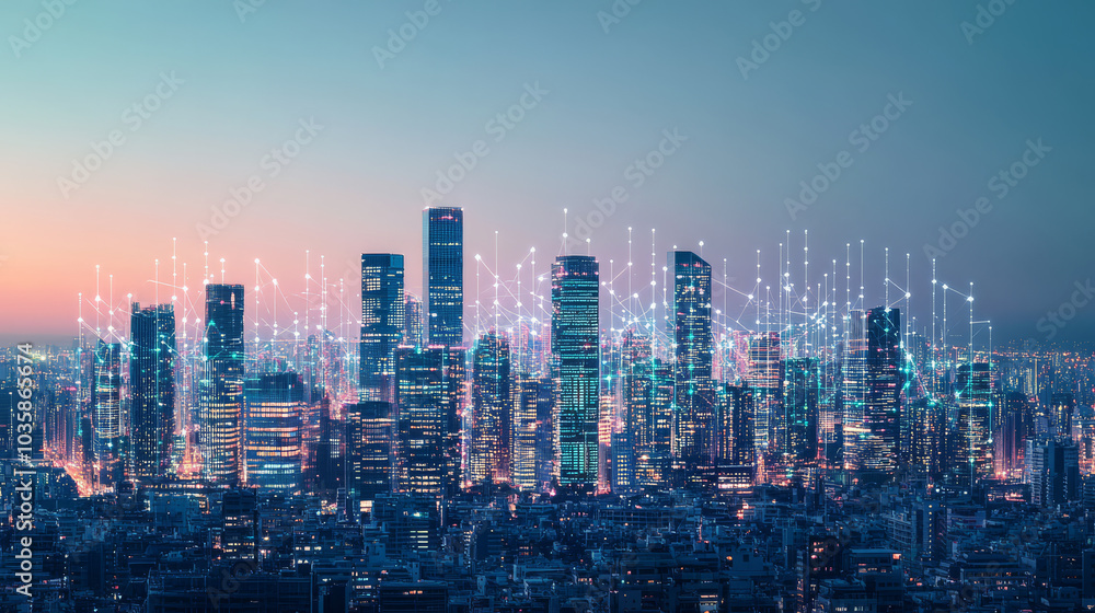 futuristic cityscape with skyscrapers and digital connections illuminates skyline at dusk, showcasing advanced technology and urban innovation futuristic cityscape with skyscrapers and digital connections illuminates skyline at dusk, showcasing advanced technology and urban innovation