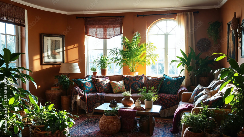 Fototapeta premium Cozy living room filled with plants and warm sunlight on a sunny afternoon