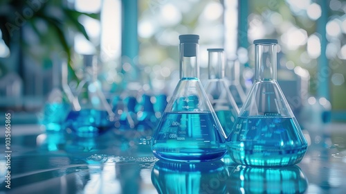 Laboratory glassware filled with blue liquids on a reflective surface.