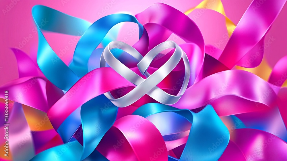 Abstract background with colorful satin ribbons in a chaotic composition with two intertwined silver rings in the middle. Abstract background with colorful satin ribbons in a chaotic composition with two intertwined silver rings in the middle.