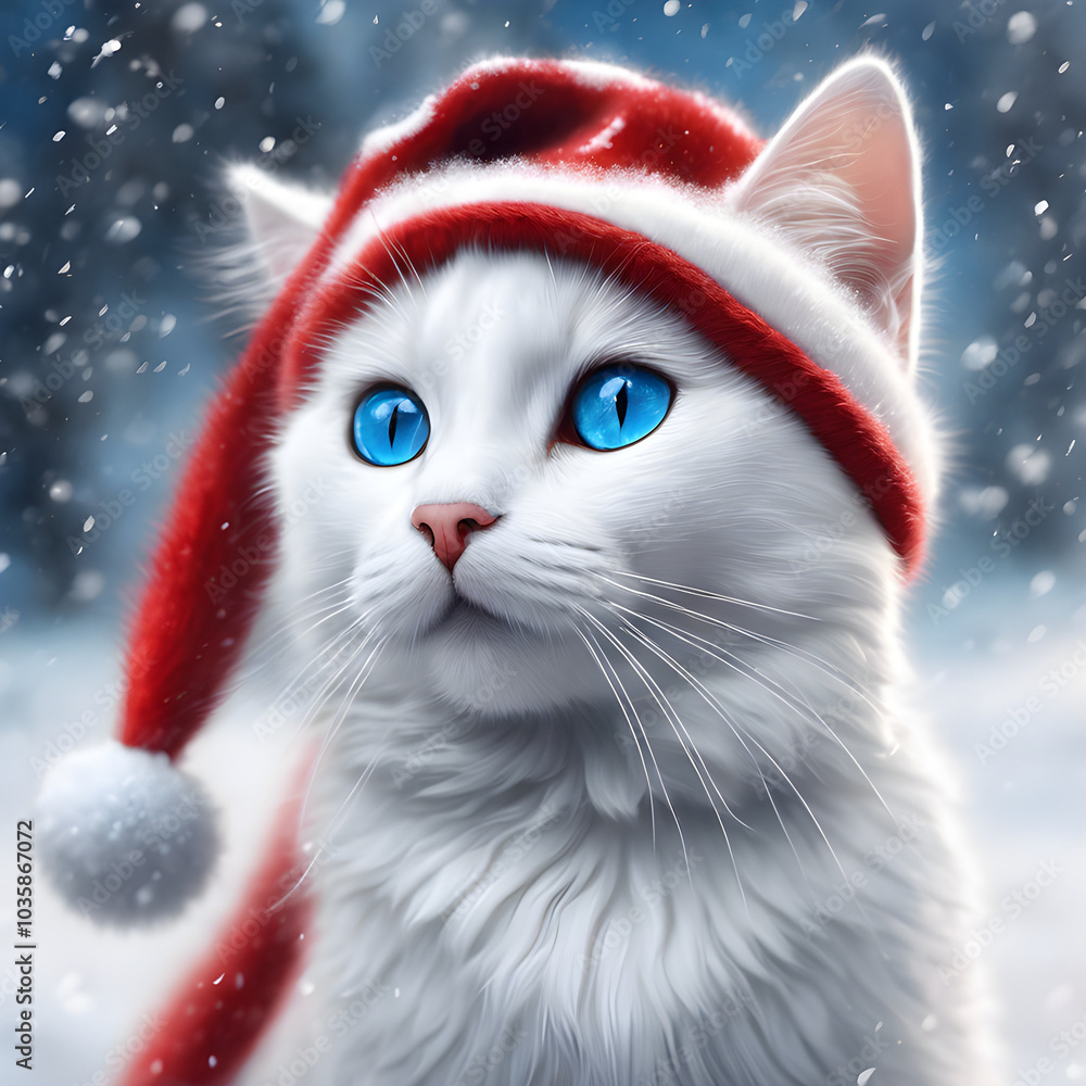 A white cat with blue eyes at Christmas stands on a clean snowy ground, wearing a red elf hat, with a gentle face and big, sparkling eyes. A white cat with blue eyes at Christmas stands on a clean snowy ground, wearing a red elf hat, with a gentle face and big, sparkling eyes.