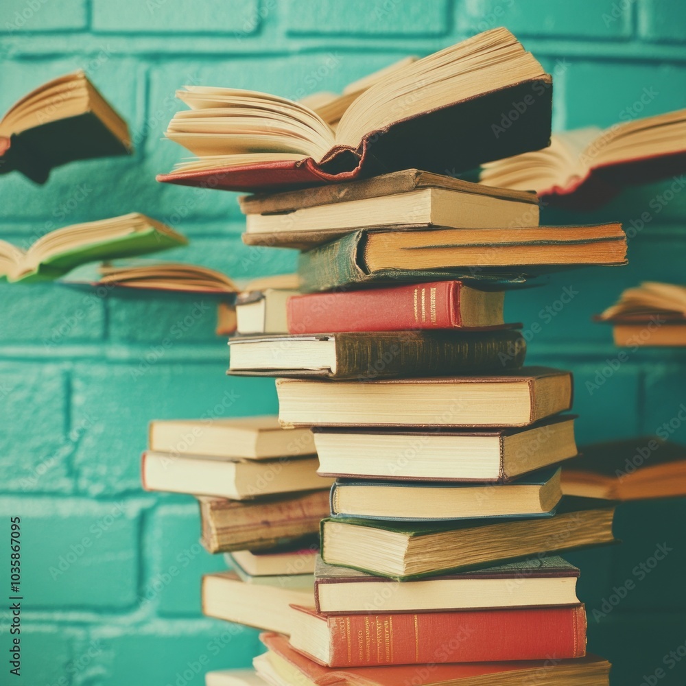 A stack of books with flying pages against a turquoise brick wall.
