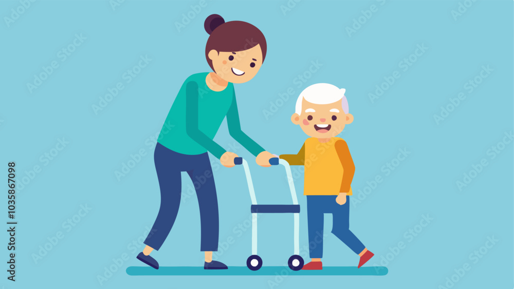 Fototapeta premium Walking with Assistance A smiling elder being gently assisted by a younger family member while using a rollator highlighting the bond between generations.