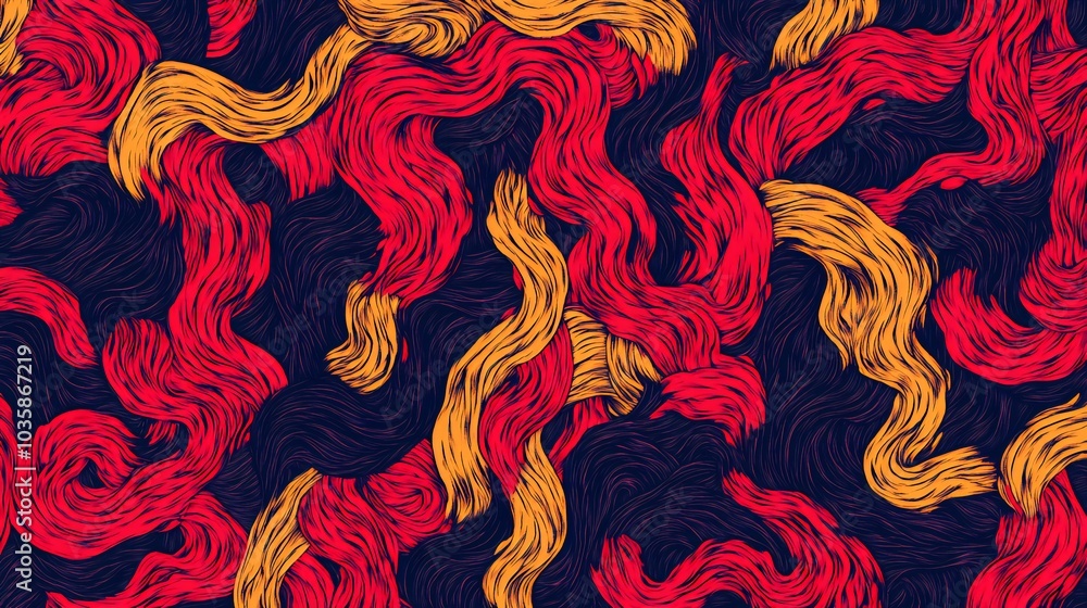 Abstract background with red and orange wavy lines on a dark background. Abstract background with red and orange wavy lines on a dark background.